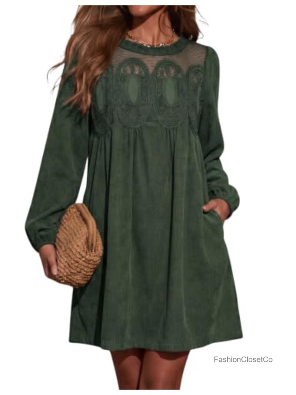 Women's Corduroy Babydoll Lace A-Line Mini Dress with Pockets